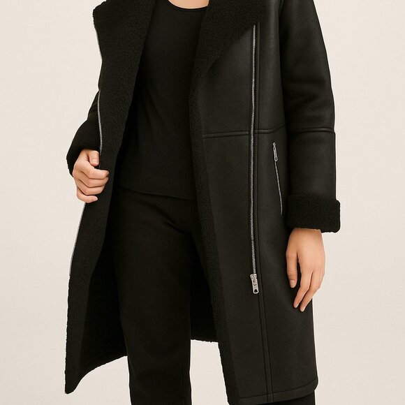 ZARA Faux Shearling Aviator Coat – Black - Picture 3 of 4